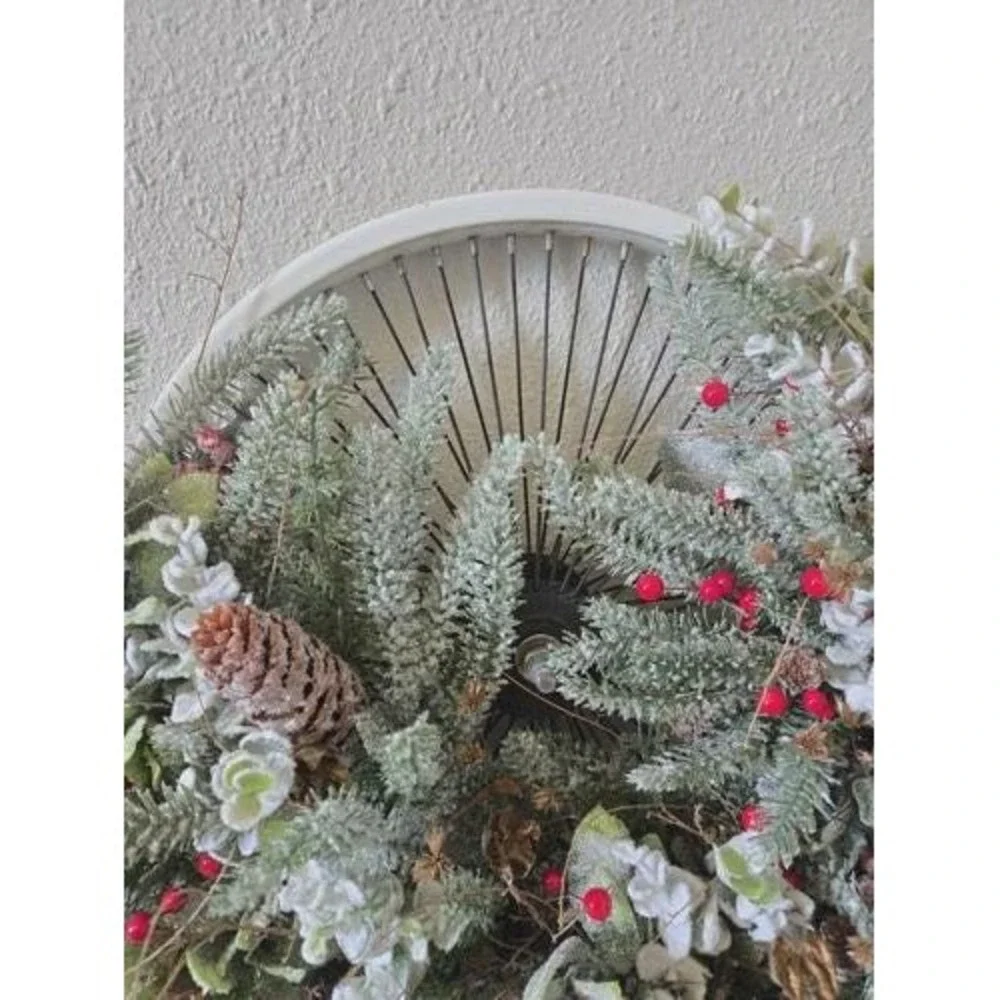 Vintage Bicycle Wheel Christmas Wreath Door Hanger Frosted Glitter Greenery